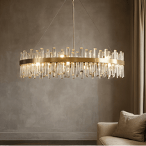 Asti crystal modern chandelier by Morsale.com, a 31-inch fixture of clear and smoke-grey K9 crystal on a brushed stainless steel frame.