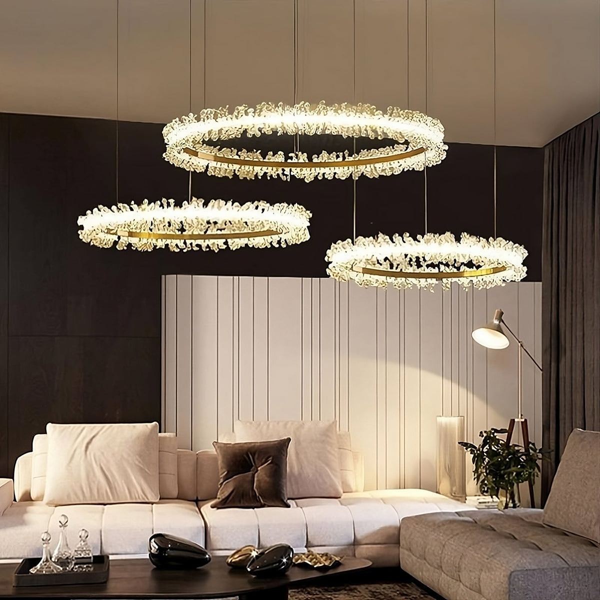 Capri 3-ring crystal chandelier by Morsale.com, three cascading halos of hand-cut crystal on brushed stainless steel above a dining table. Main image