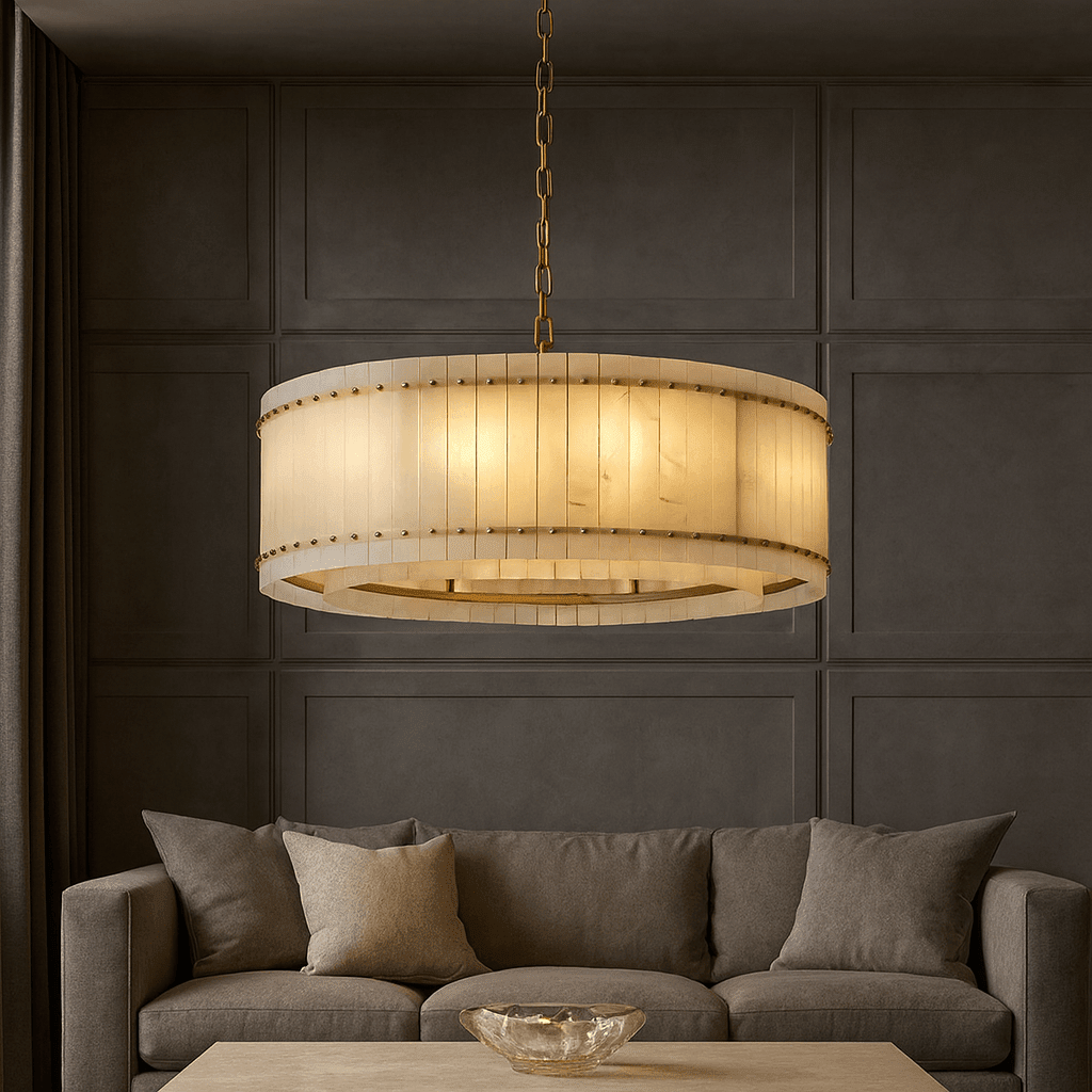 Valmont 39-inch round marble chandelier full view