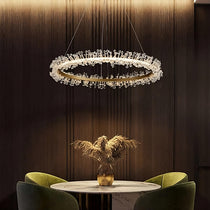 Capri crystal ring chandelier with K9 prisms and steel frame in a living room