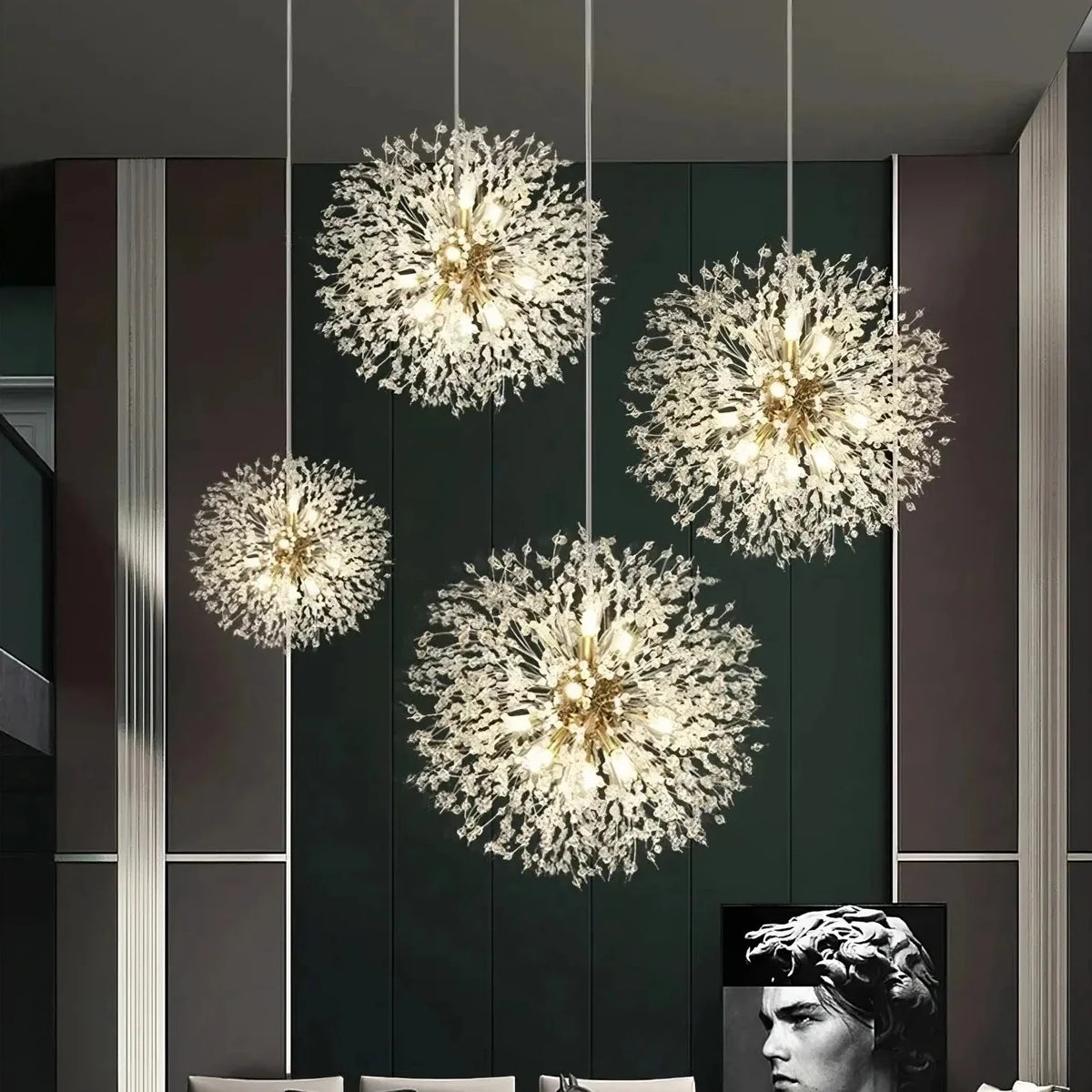 Detail of clear crystal tips on the El Sol dandelion's stainless steel arms, from Morsale.com.