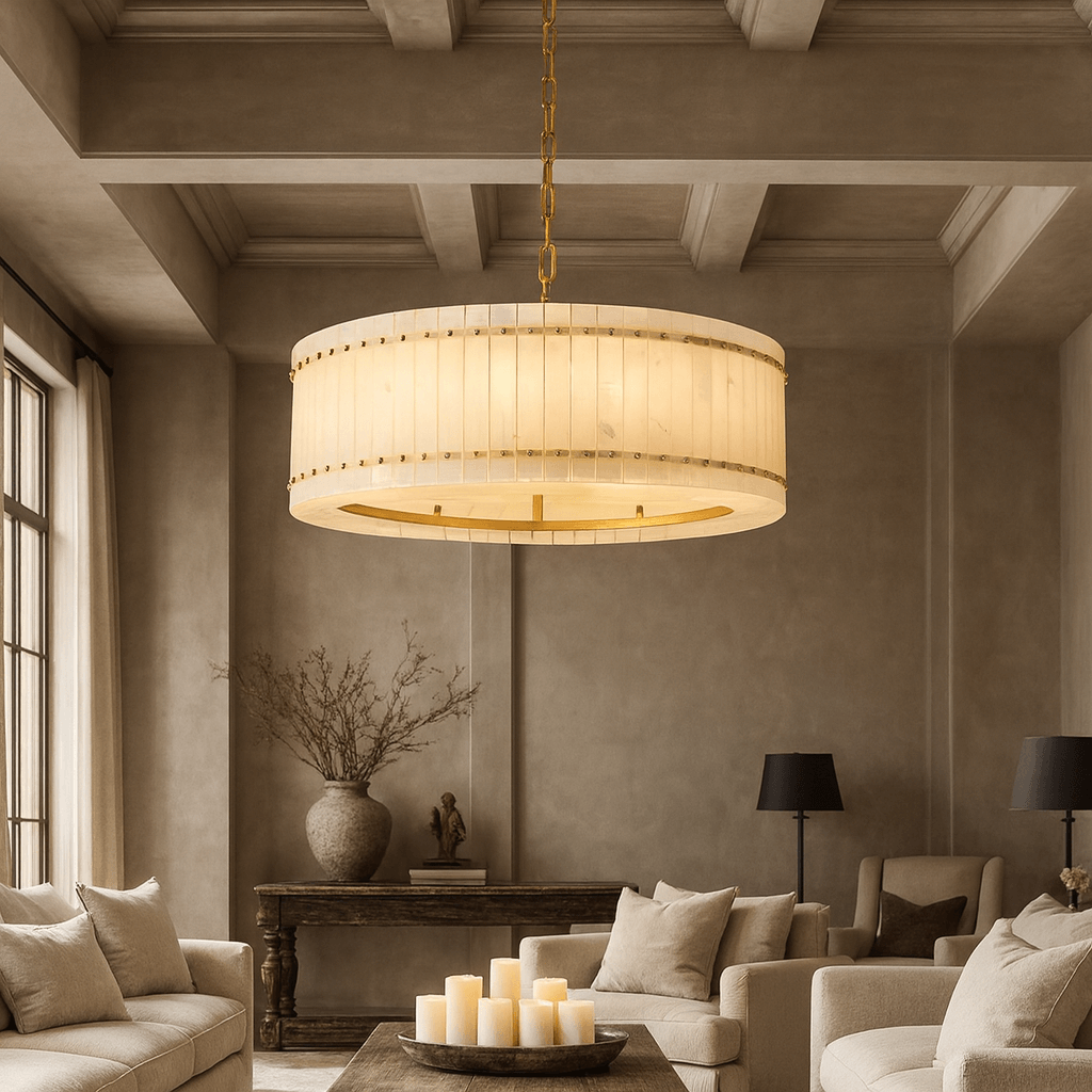 Valmont 31-inch round marble chandelier illuminated