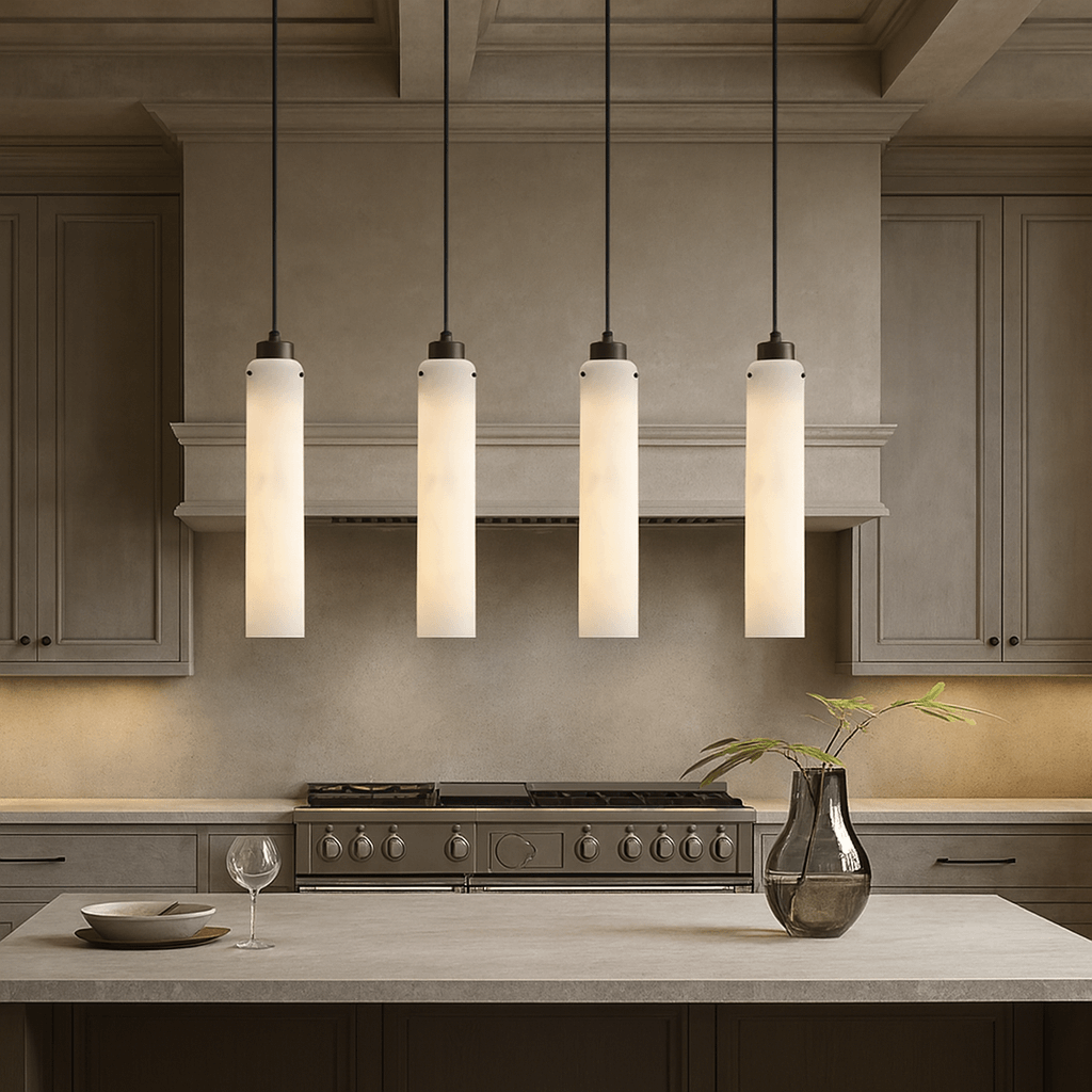 Noir black marble column pendant light full view Main image