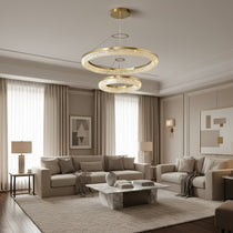 Hand-set clear crystal strands on the Bergamo chandelier