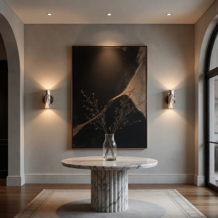 Moonshade marble wall sconce with glowing round stone shade Main image