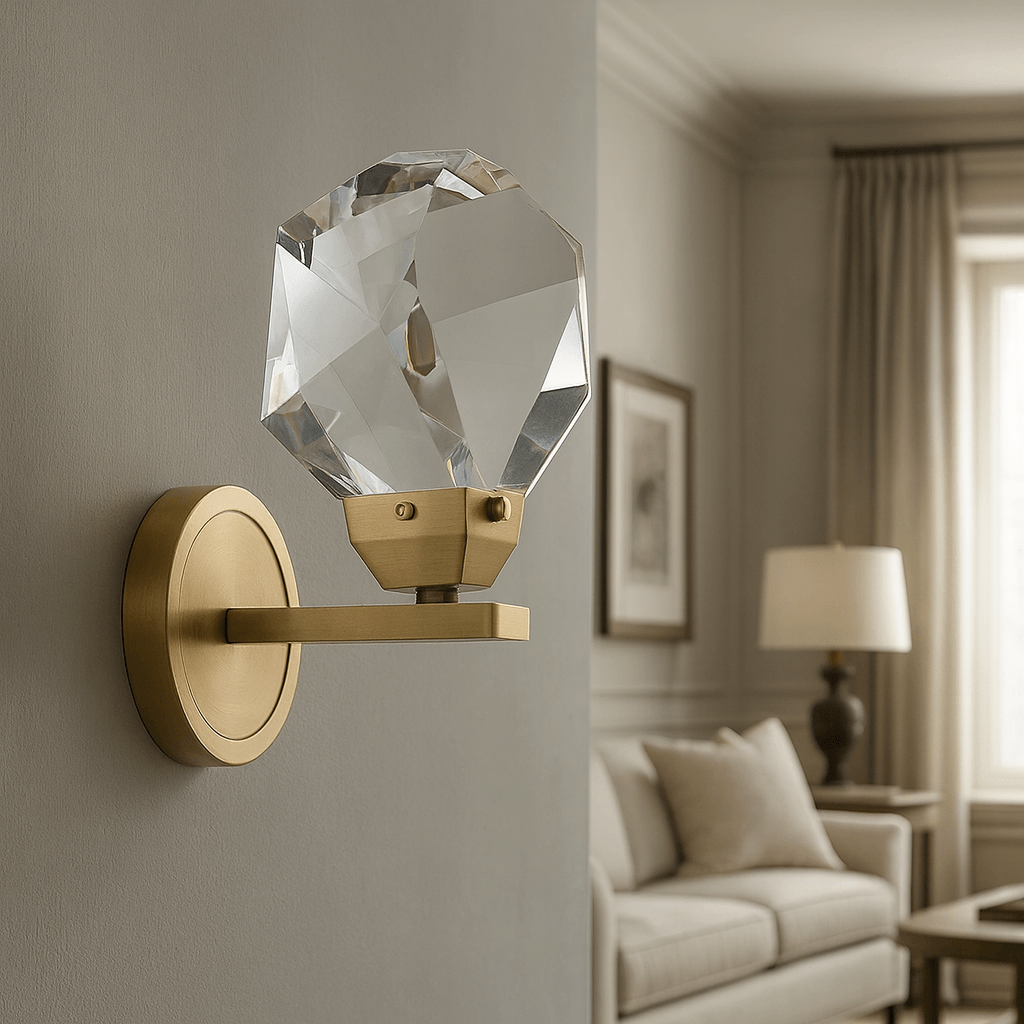Bari crystal wall sconce illuminated on a wall