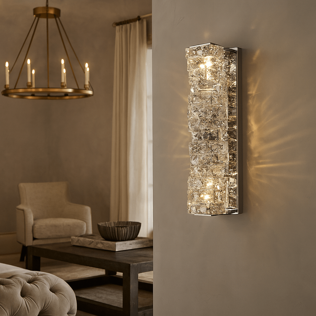 Bacci brass and crystal wall sconce illuminated